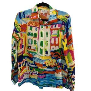 Michael Leu VINTAGE Top S 100% Silk Shirt Abstract Long Sleeve Art to Wear 1999